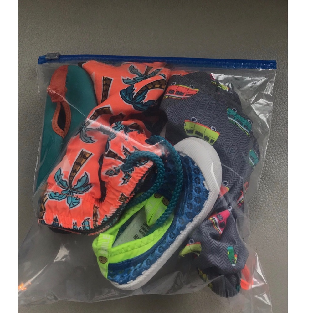 Toddler boy 2 trunks 2 swim shoe bundle LIKE NEW